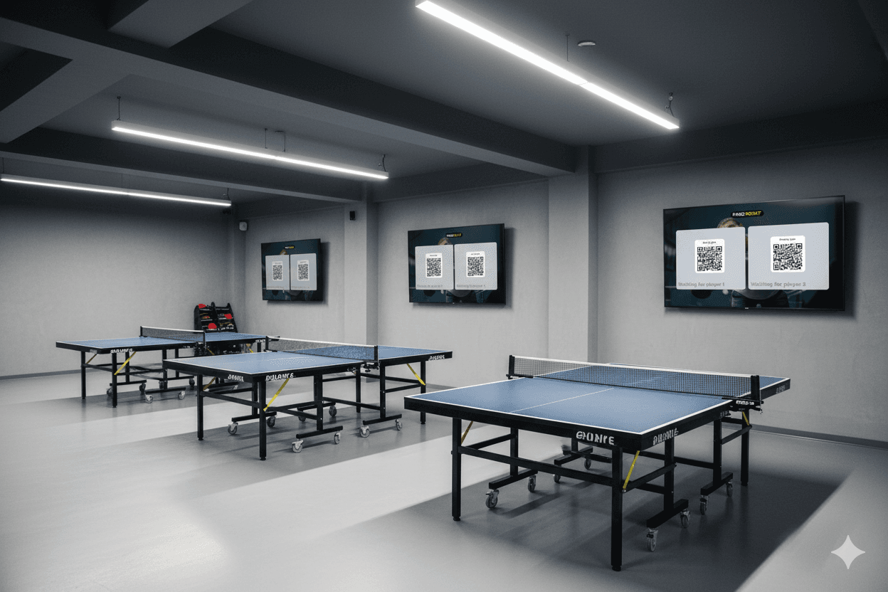 Fernseher mit Spielständen in einer Tischtennishalle