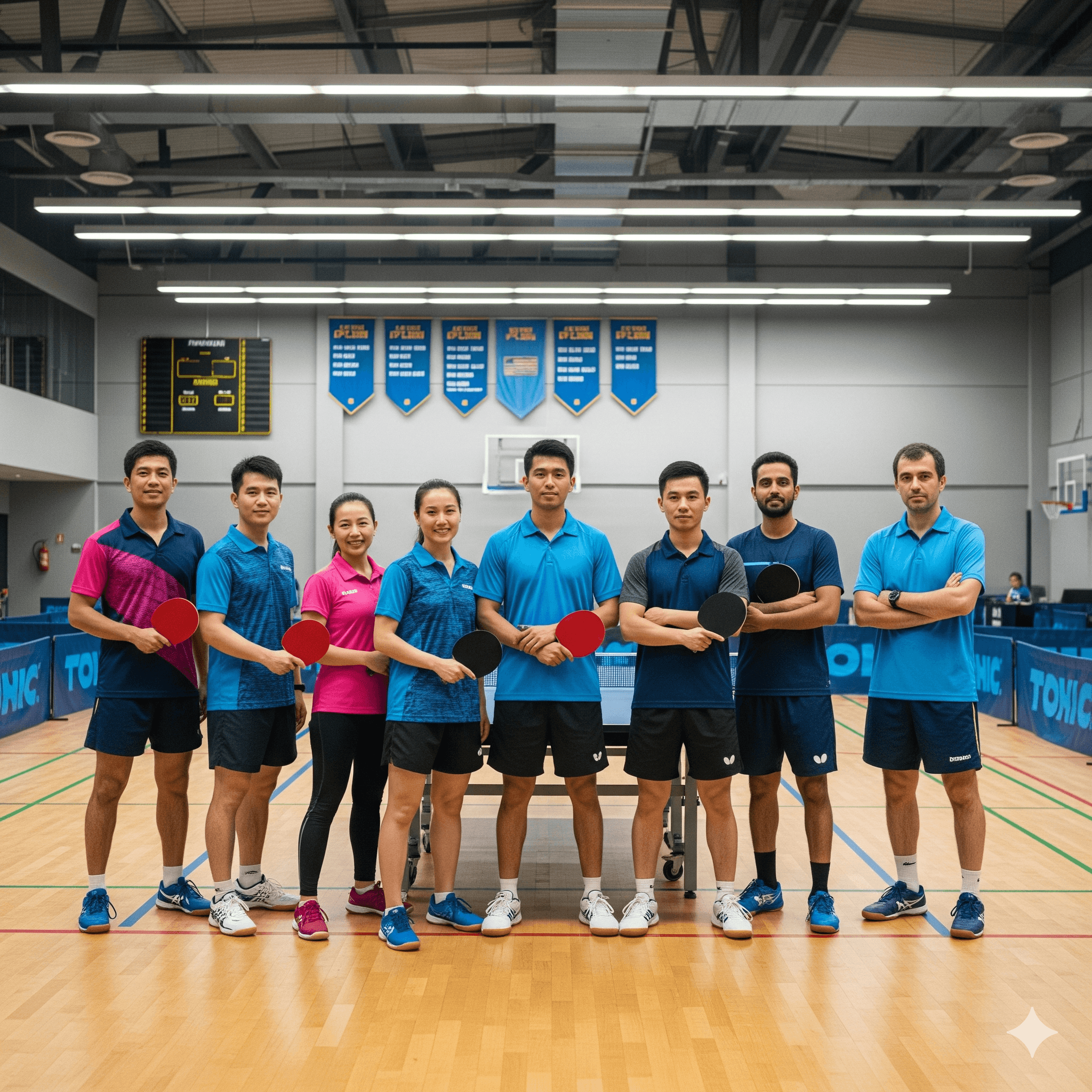Female ping pong player celebrating victory with paddle raised