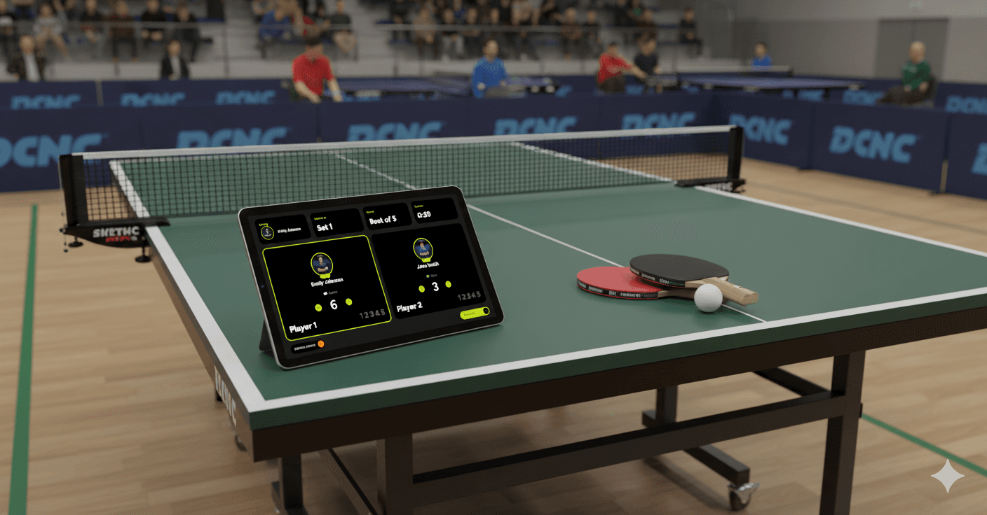 Ping pong tournament with multiple tables and players competing